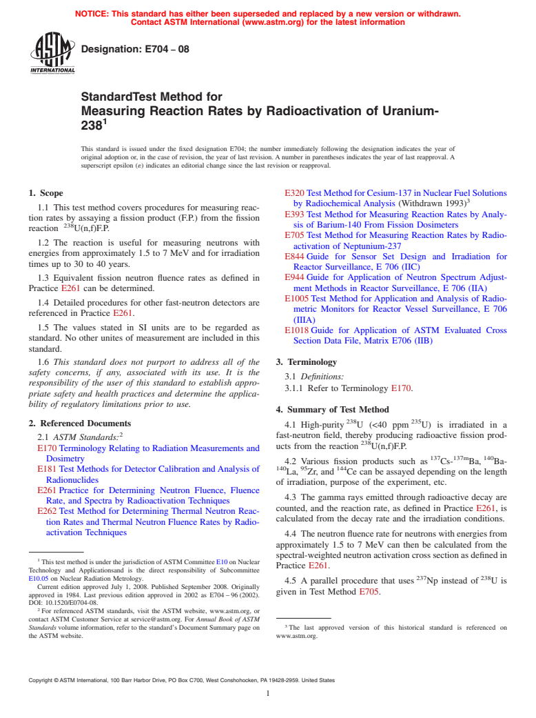 ASTM E704-08 - Standard Test Method for  Measuring Reaction Rates by Radioactivation of Uranium-238