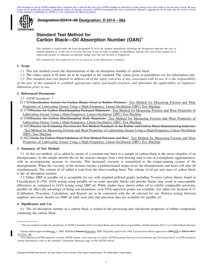 REDLINE ASTM D2414-08a - Standard Test Method for  Carbon Black<span class='unicode'>&#x2014;</span>Oil Absorption Number (OAN)