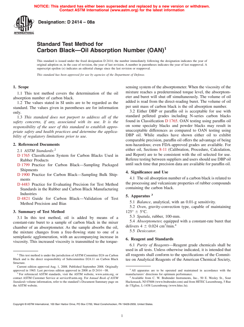 ASTM D2414-08a - Standard Test Method for  Carbon Black<span class='unicode'>&#x2014;</span>Oil Absorption Number (OAN)