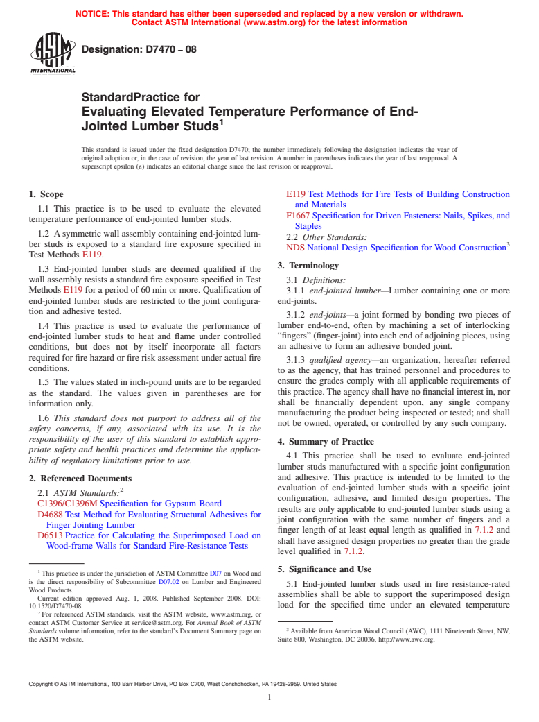 ASTM D7470-08 - Standard Practice for Evaluating Elevated Temperature Performance of End-Jointed Lumber Studs