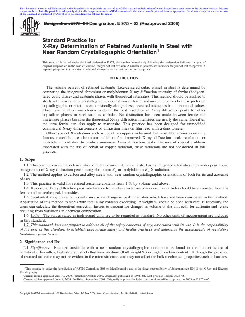 REDLINE ASTM E975-03(2008) - Standard Practice for  X-Ray Determination of Retained Austenite in Steel with Near Random Crystallographic Orientation