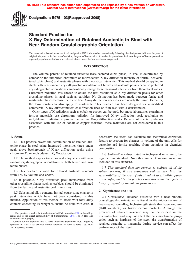 ASTM E975-03(2008) - Standard Practice for  X-Ray Determination of Retained Austenite in Steel with Near Random Crystallographic Orientation