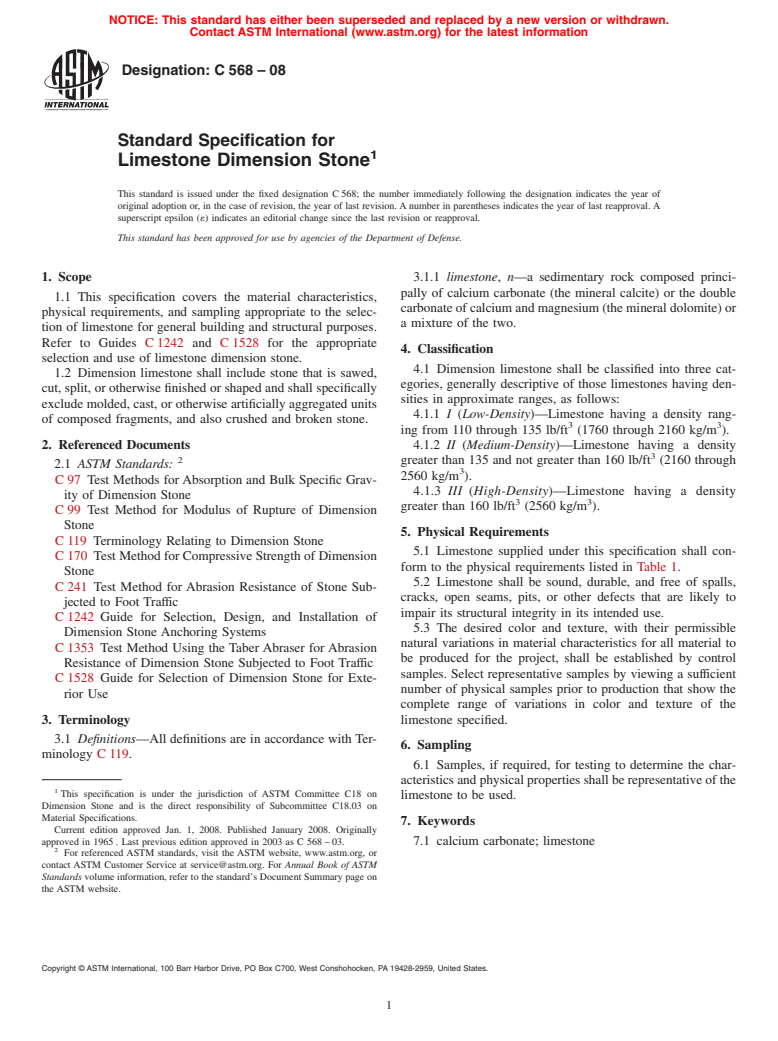 ASTM C568-08 - Standard Specification for  Limestone Dimension Stone