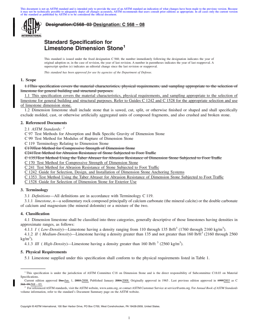 REDLINE ASTM C568-08 - Standard Specification for  Limestone Dimension Stone