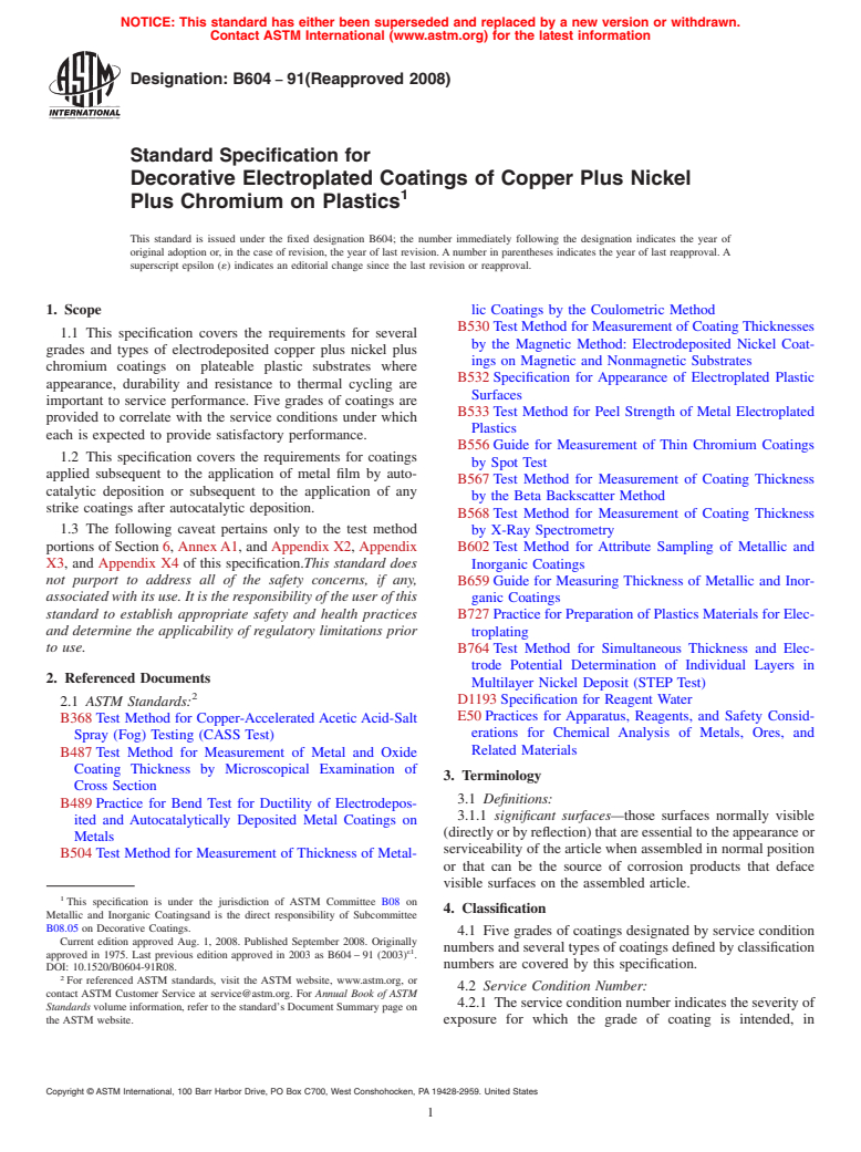 ASTM B604-91(2008) - Standard Specification for  Decorative Electroplated Coatings of Copper Plus Nickel Plus Chromium on Plastics