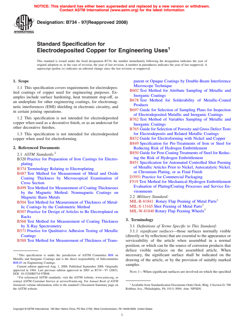 ASTM B734-97(2008) - Standard Specification for Electrodeposited Copper for Engineering Uses
