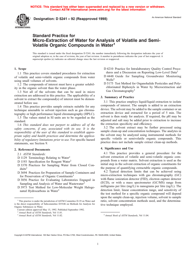 ASTM D5241-92(1998) - Standard Practice for Micro-Extraction of Water for  Analysis of Volatile and Semi-Volatile Organic Compounds in Water