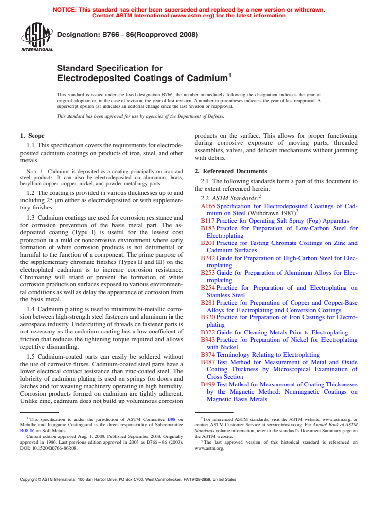 ASTM B766-86(2008) - Standard Specification for  Electrodeposited Coatings of Cadmium