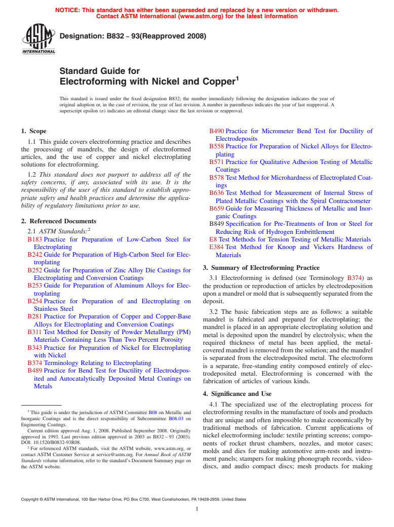 ASTM B832-93(2008) - Standard Guide for Electroforming with Nickel and Copper