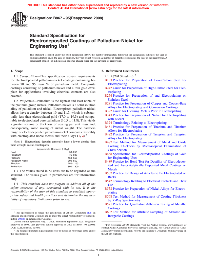 ASTM B867-95(2008) - Standard Specification for  Electrodeposited Coatings of Palladium-Nickel for Engineering Use