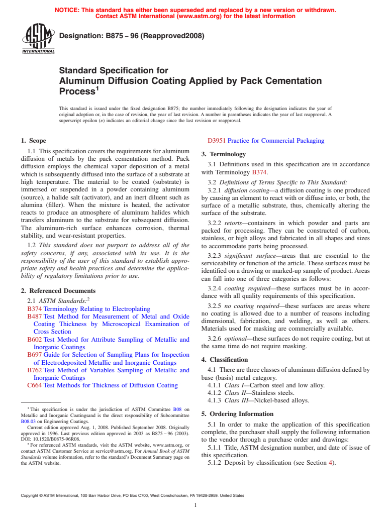 ASTM B875-96(2008) - Standard Specification for  Aluminum Diffusion Coating Applied by Pack Cementation Process