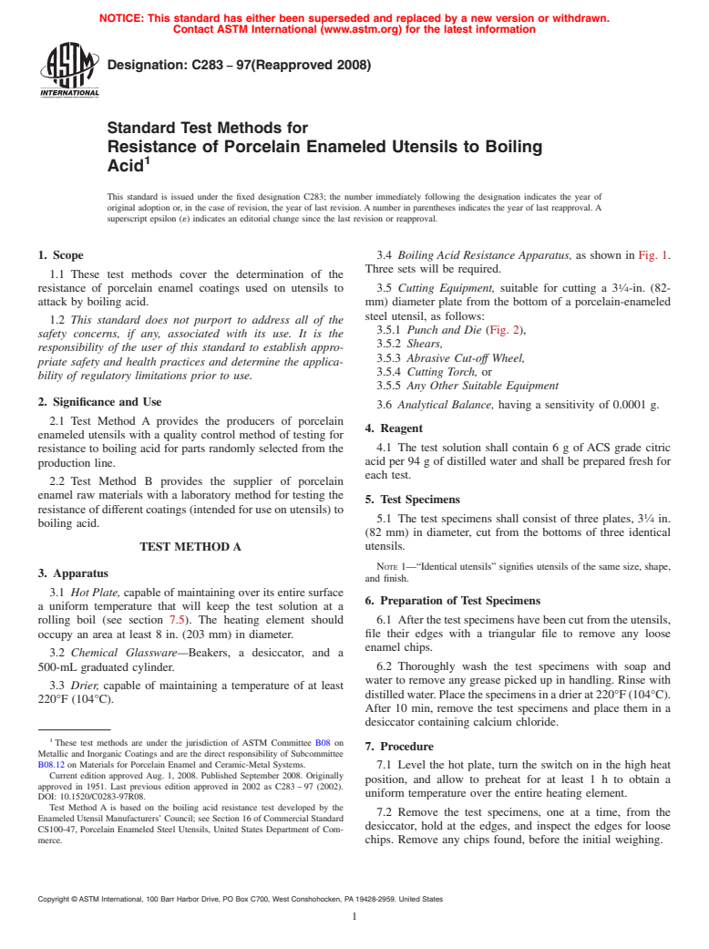 ASTM C283-97(2008) - Standard Test Methods for  Resistance of Porcelain Enameled Utensils to Boiling<br>  Acid