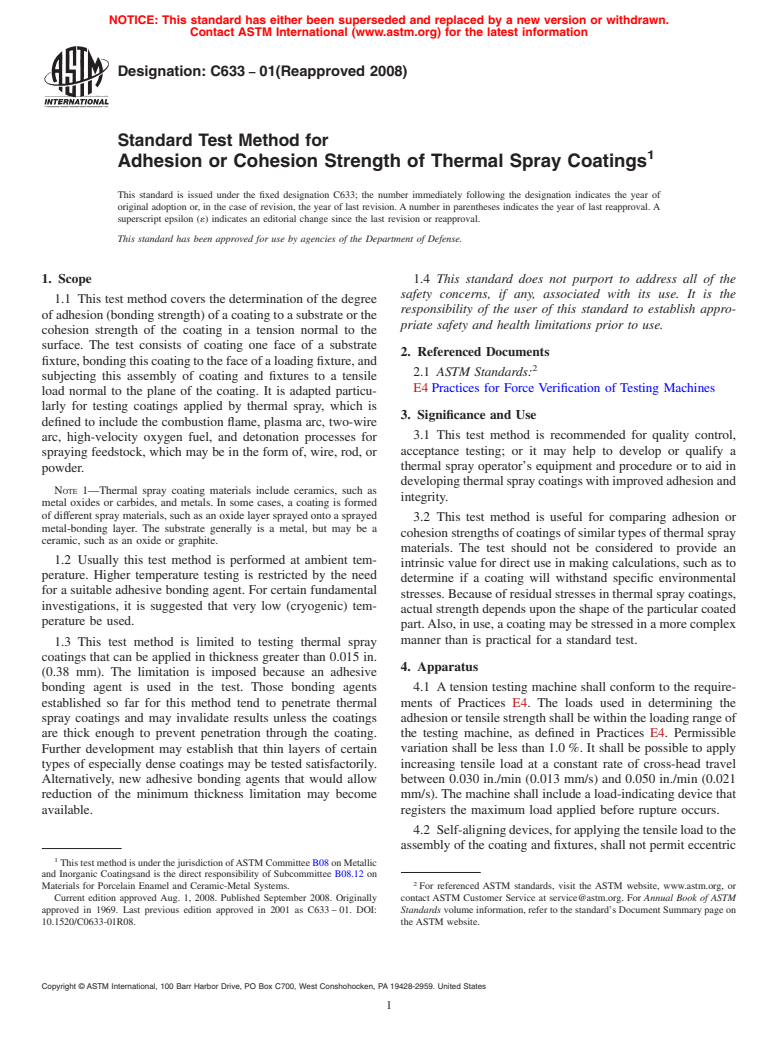 ASTM C633-01(2008) - Standard Test Method for Adhesion or Cohesion Strength of Thermal Spray Coatings