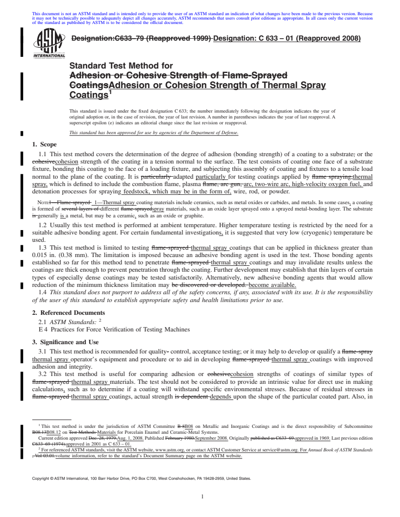 REDLINE ASTM C633-01(2008) - Standard Test Method for Adhesion or Cohesion Strength of Thermal Spray Coatings