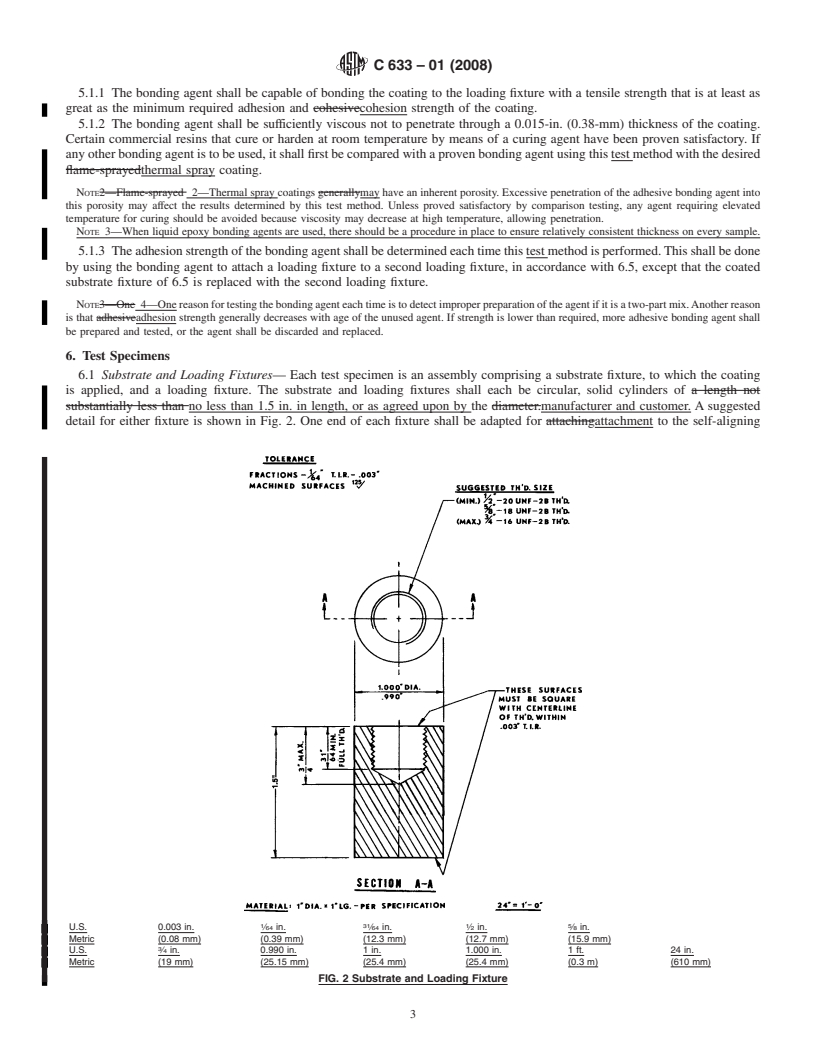 REDLINE ASTM C633-01(2008) - Standard Test Method for Adhesion or Cohesion Strength of Thermal Spray Coatings