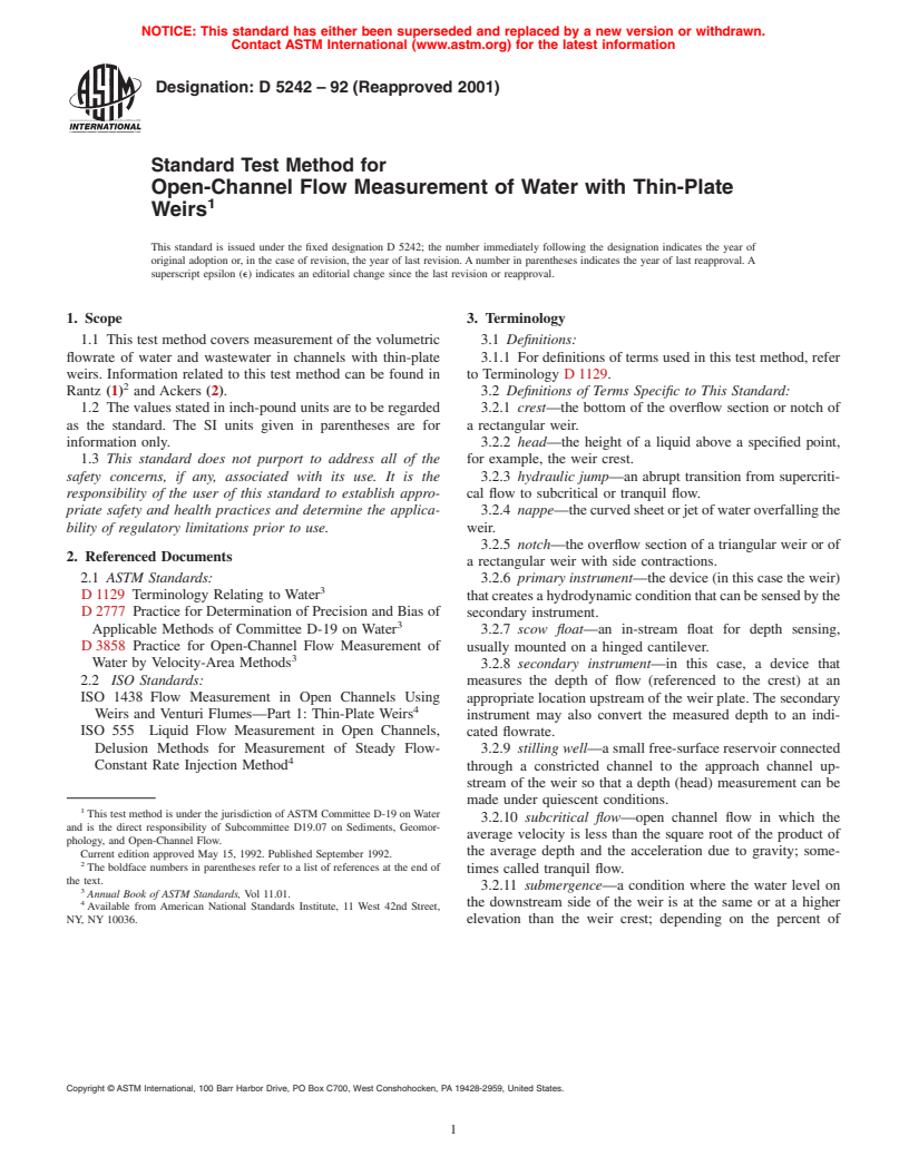 ASTM D5242-92(2001) - Standard Test Method for Open-Channel Flow Measurement of Water with Thin-Plate Weirs