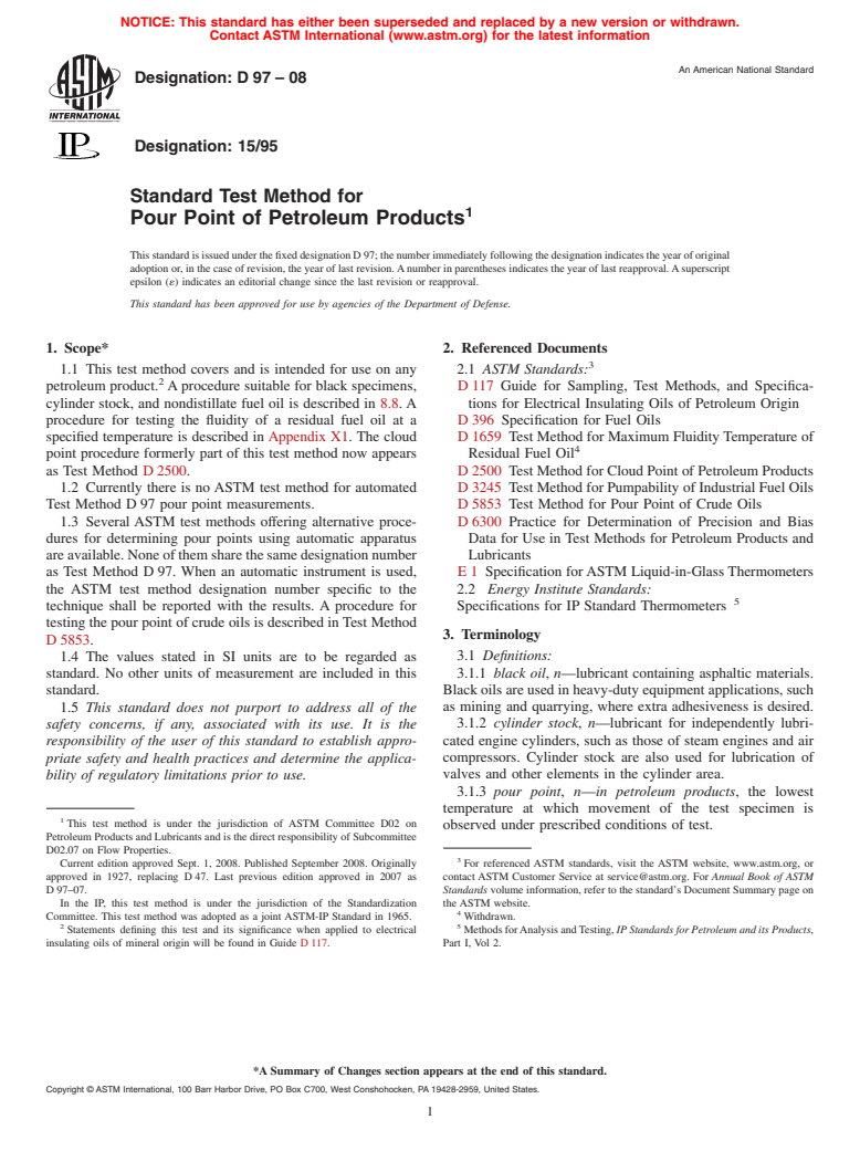 ASTM D97-08 - Standard Test Method for Pour Point of Petroleum Products