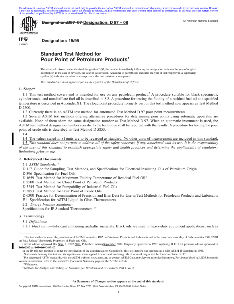 REDLINE ASTM D97-08 - Standard Test Method for Pour Point of Petroleum Products