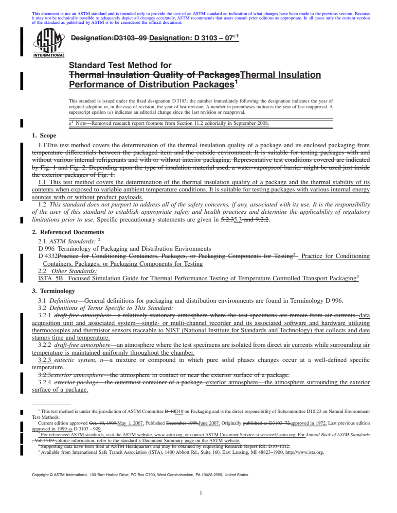 REDLINE ASTM D3103-07e1 - Standard Test Method for Thermal Insulation Performance of Distribution Packages