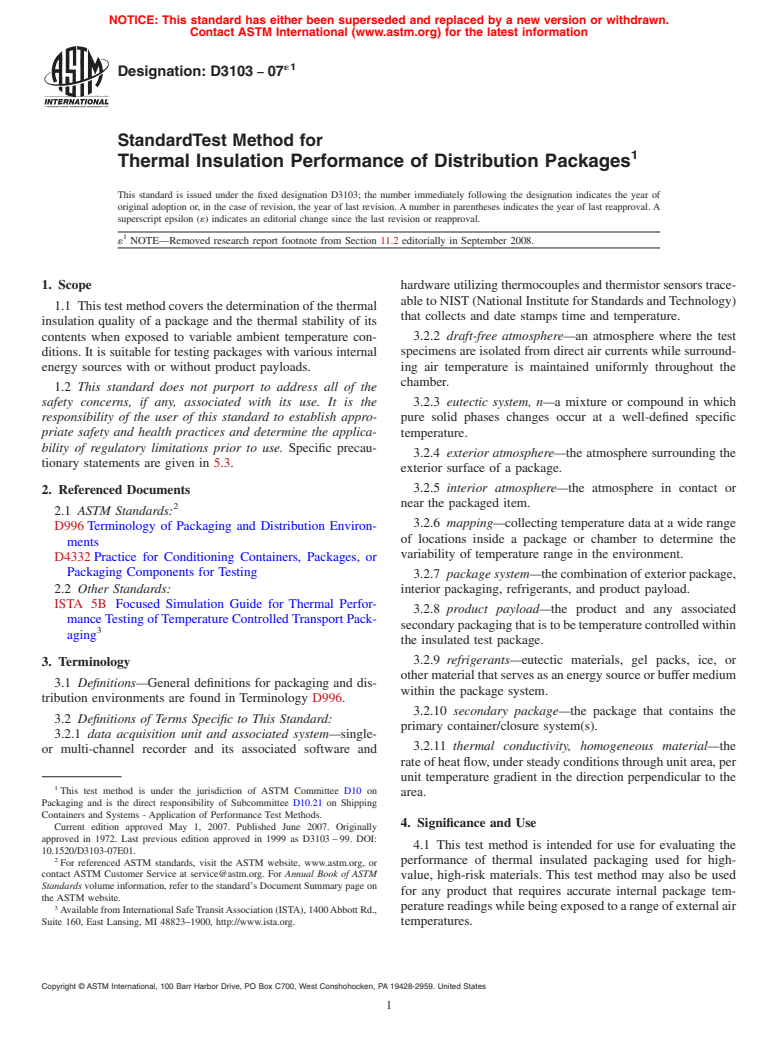 ASTM D3103-07e1 - Standard Test Method for Thermal Insulation Performance of Distribution Packages