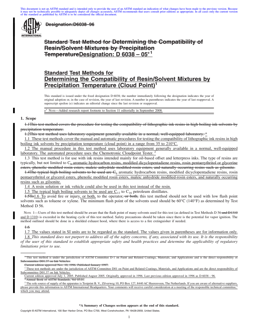 REDLINE ASTM D6038-05e1 - Standard Test Methods for  Determining the Compatibility of Resin/Solvent Mixtures by Precipitation     Temperature (Cloud Point)