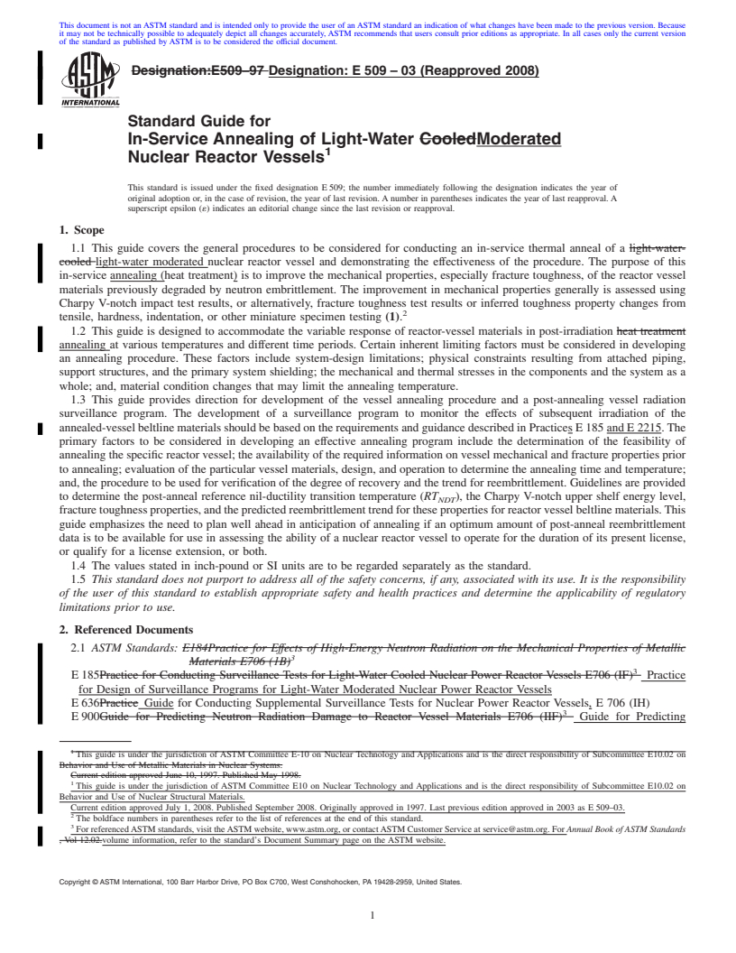 REDLINE ASTM E509-03(2008) - Standard Guide for In-Service Annealing of Light-Water Moderated Nuclear Reactor Vessels