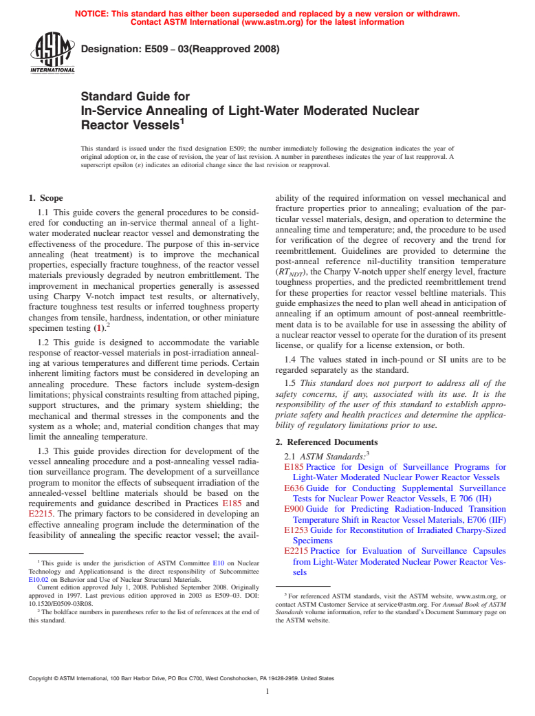 ASTM E509-03(2008) - Standard Guide for In-Service Annealing of Light-Water Moderated Nuclear Reactor Vessels