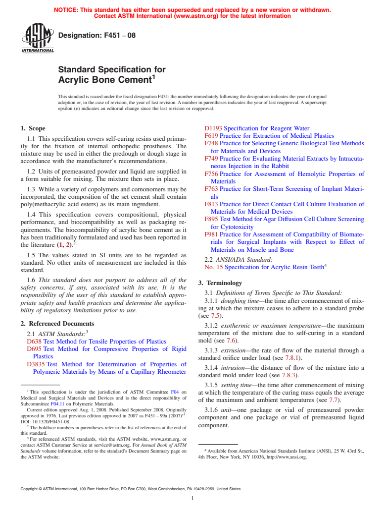 ASTM F451-08 - Standard Specification for  Acrylic Bone Cement