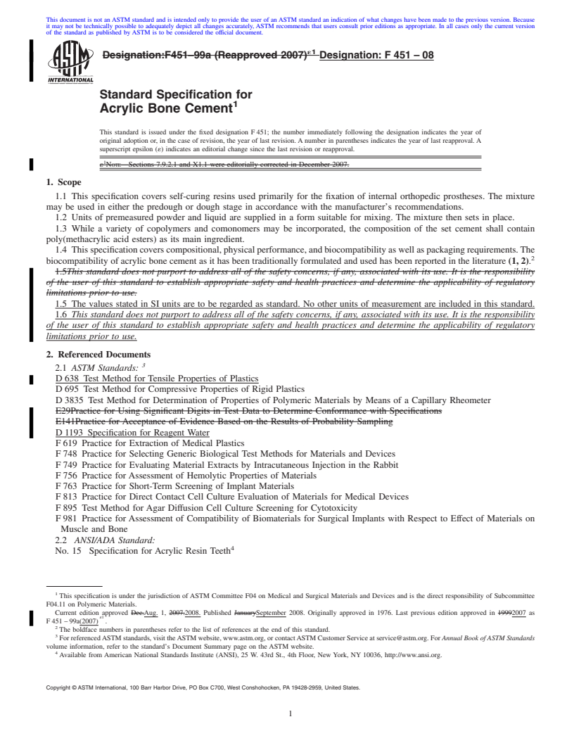 REDLINE ASTM F451-08 - Standard Specification for  Acrylic Bone Cement