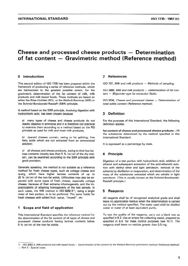 ISO 1735:1987 - Cheese and processed cheese products -- Determination of fat content -- Gravimetric method (Reference method)