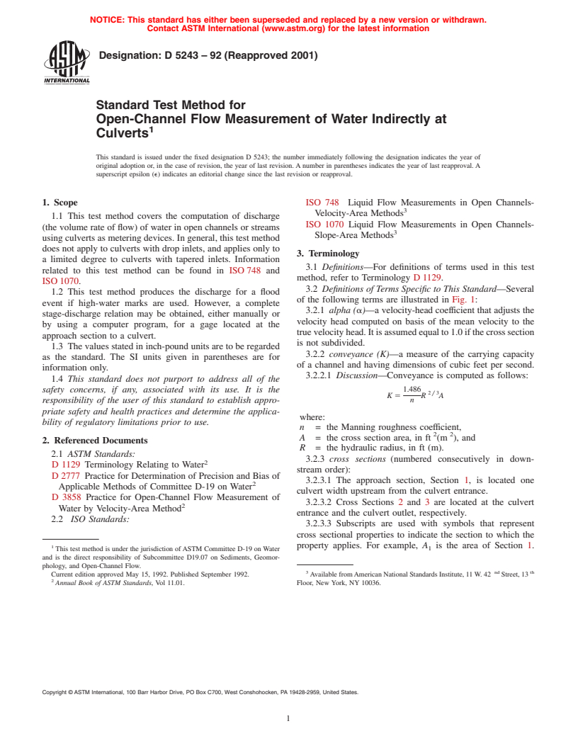 ASTM D5243-92(2001) - Standard Test Method for Open-Channel Flow Measurement of Water Indirectly at Culverts