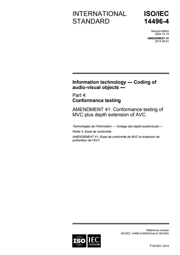 ISO/IEC 14496-4:2004/Amd 41:2014 - Conformance testing of MVC plus depth extension of AVC