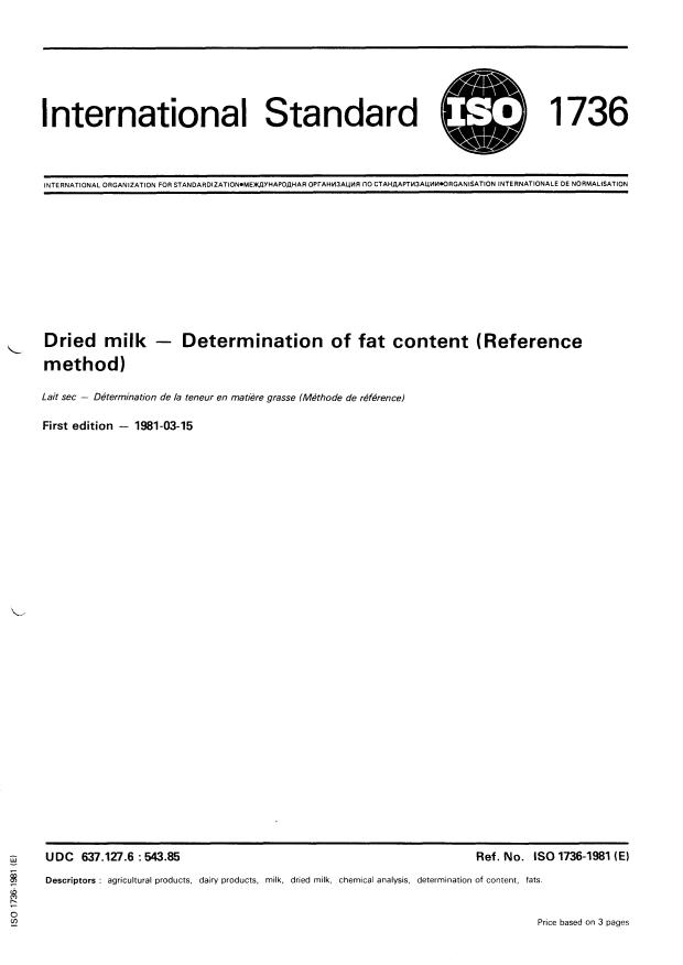 ISO 1736:1981 - Dried milk -- Determination of fat content (Reference method)
