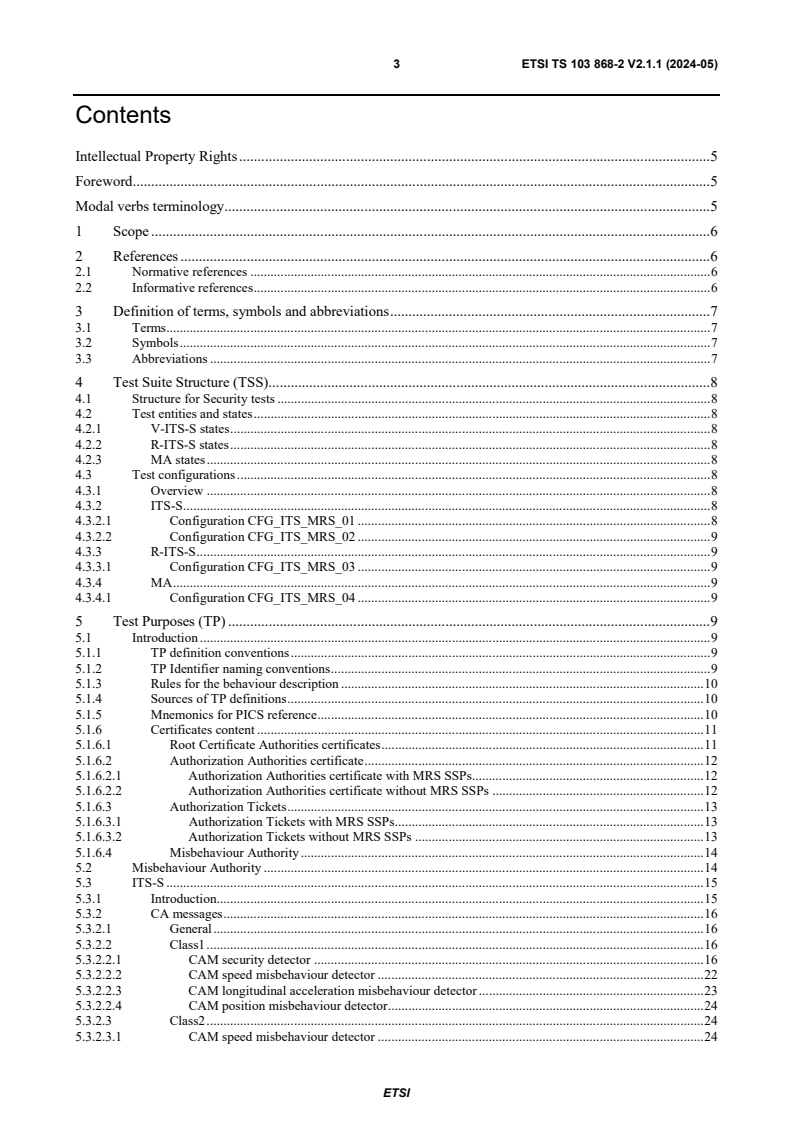 ETSI TS 103 868-2 V2.1.1 (2024-05) - Intelligent Transport Systems (ITS); Testing; Conformance test specifications for ITS Misbehaviour Reporting service; Part 2: Test Suite Structure and Test Purposes (TSS & TP); Release 2