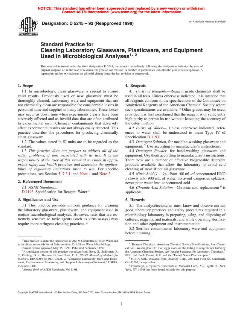 ASTM D5245-92(1998) - Standard Practice for Cleaning Laboratory Glassware, Plasticware, and Equipment Used in Microbiological Analyses