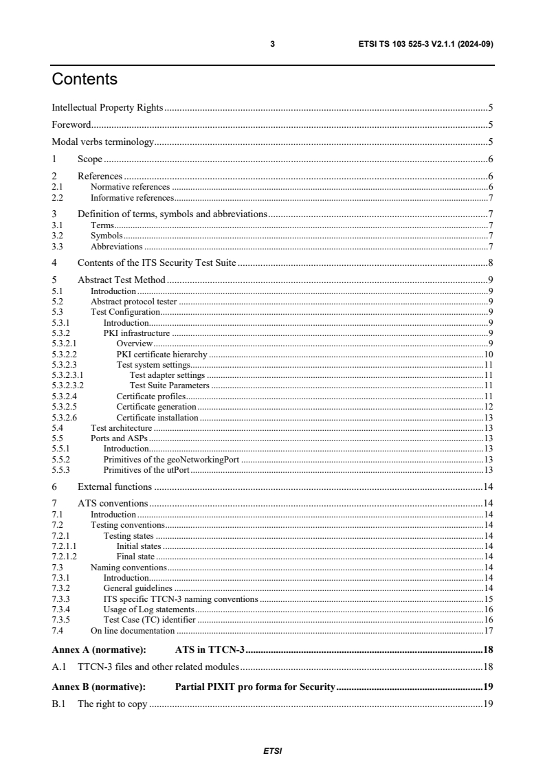 ETSI TS 103 525-3 V2.1.1 (2024-09) - Intelligent Transport Systems (ITS); Testing; Conformance test specifications for ITS PKI management; Part 3: Abstract Test Suite (ATS) and Protocol Implementation eXtra Information for Testing (PIXIT); Release 2