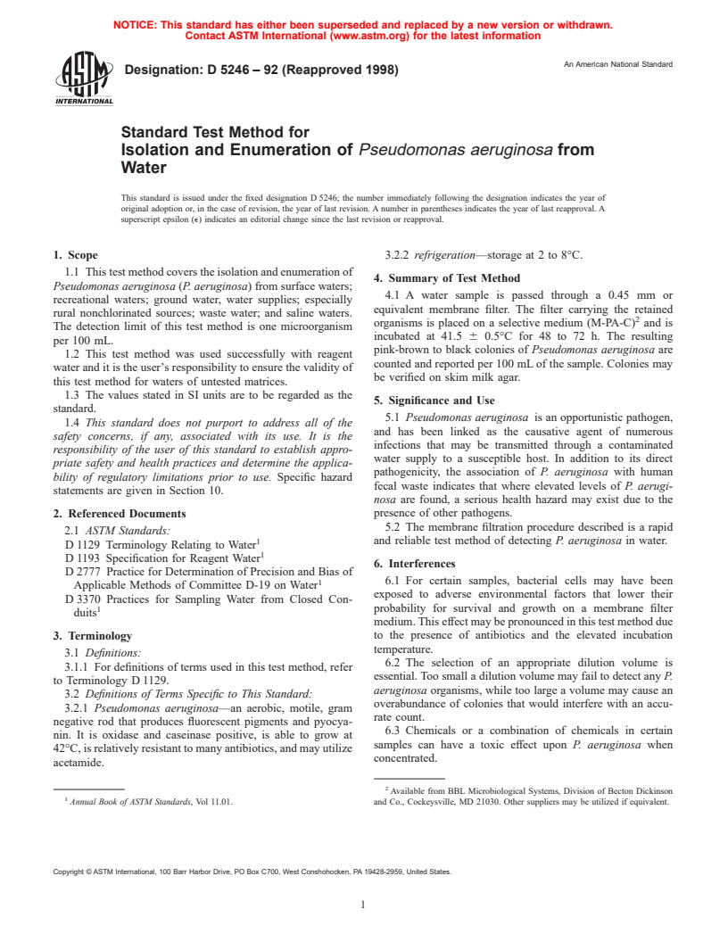 ASTM D5246-92(1998) - Standard Test Method for Isolation and Enumeration of <I>Pseudomonas aeruginosa</I> from Water