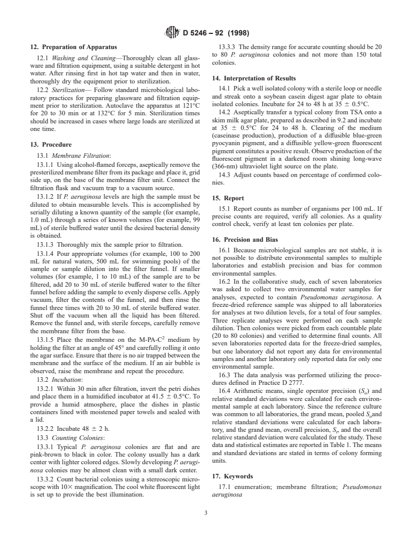 ASTM D5246-92(1998) - Standard Test Method for Isolation and Enumeration of <I>Pseudomonas aeruginosa</I> from Water