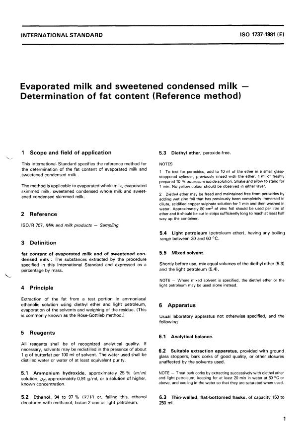 ISO 1737:1981 - Evaporated milk and sweetened condensed milk -- Determination of fat content (Reference method)