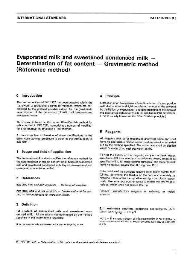 ISO 1737:1985 - Evaporated milk and sweetened condensed milk -- Determination of fat content -- Gravimetric method (Reference method)