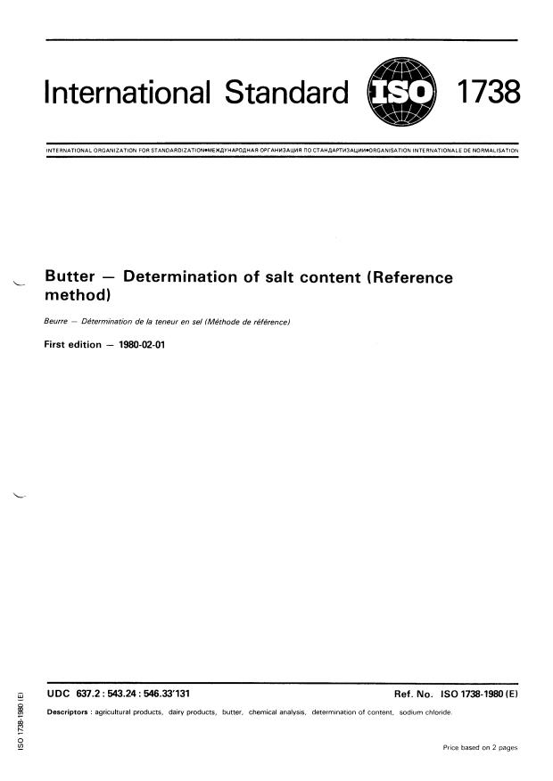 ISO 1738:1980 - Butter -- Determination of salt content (Reference method)