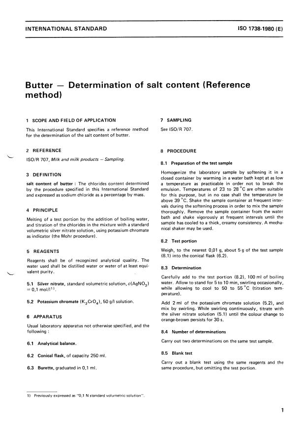 ISO 1738:1980 - Butter -- Determination of salt content (Reference method)