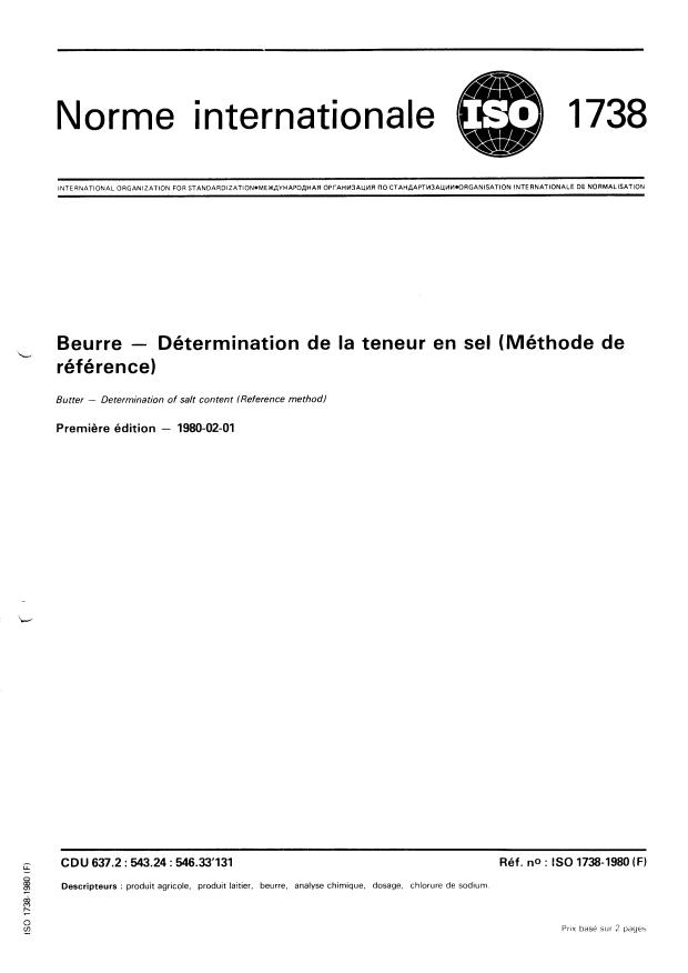 ISO 1738:1980 - Beurre -- Détermination de la teneur en sel (Méthode de référence)