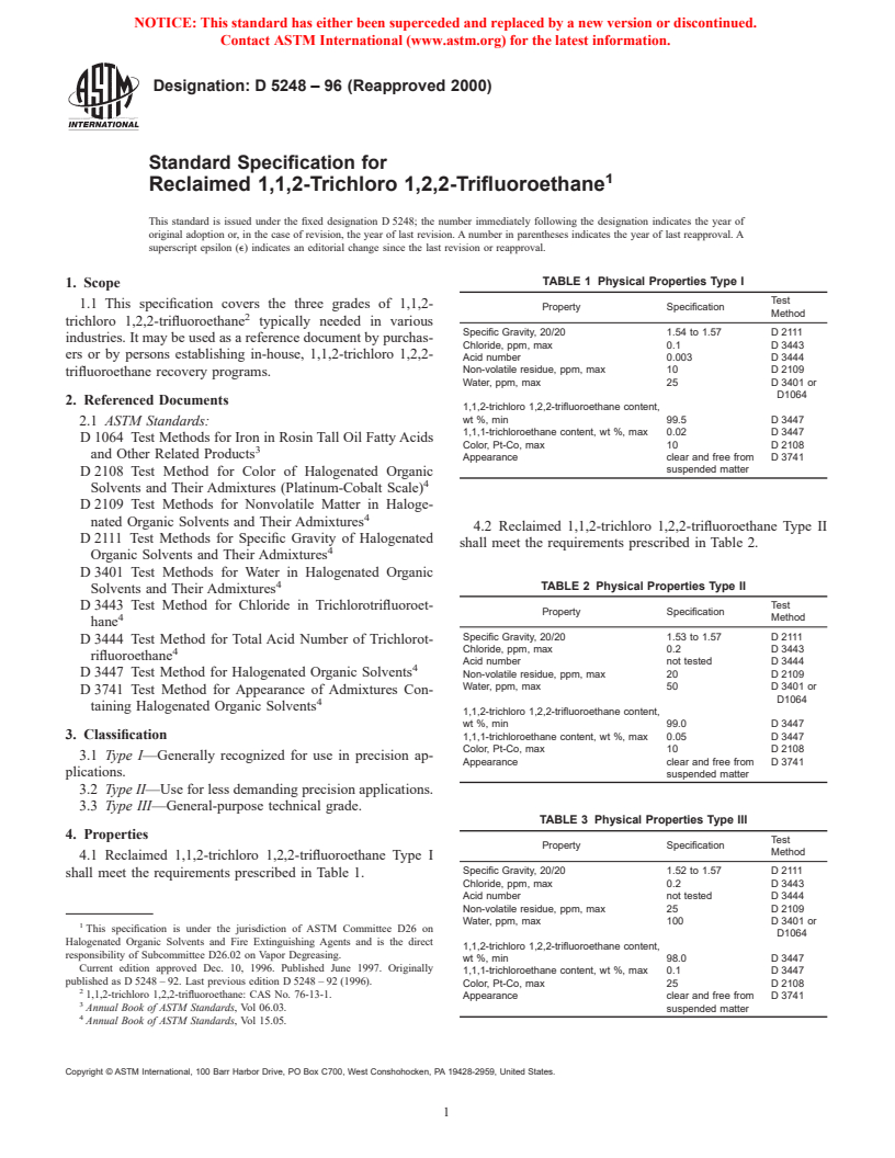 ASTM D5248-96(2000) - Standard Specification for Reclaimed 1,1,2-Trichloro 1,2,2-Trifluoroethane