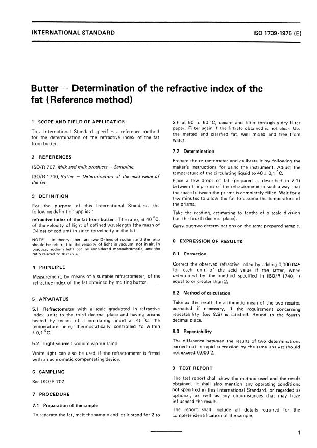 ISO 1739:1975 - Butter -- Determination of the refractive index of the fat (Reference method)