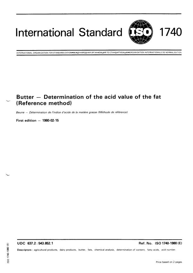 ISO 1740:1980 - Butter -- Determination of the acid value of the fat (Reference method)