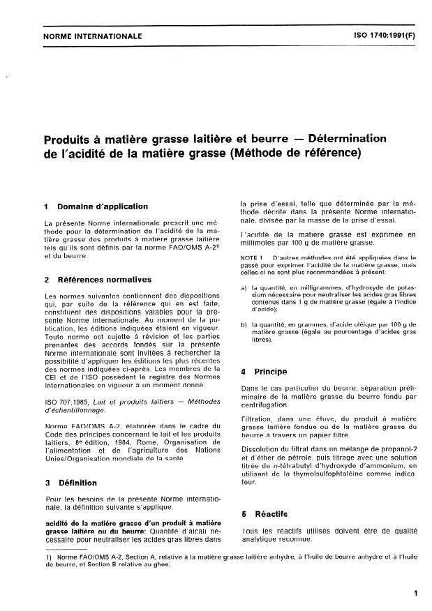 ISO 1740:1991 - Produits a matiere grasse laitiere et beurre -- Détermination de l'acidité de la matiere grasse (Méthode de référence)