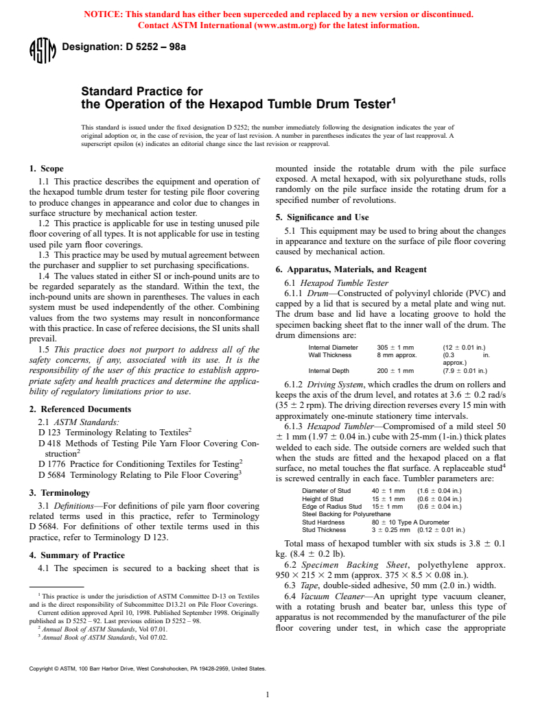 ASTM D5252-98a - Standard Practice for the Operation of the Hexapod Drum Tester