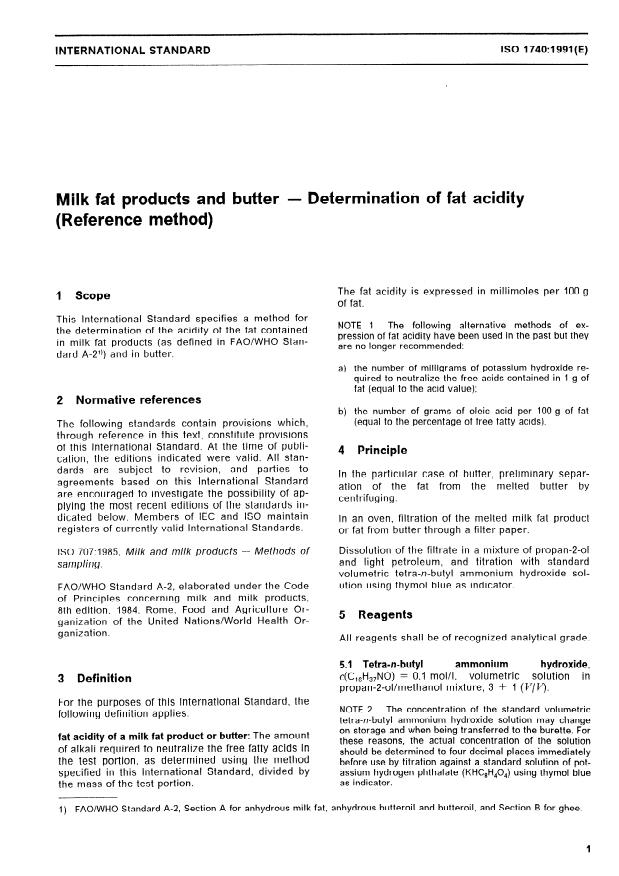 ISO 1740:1991 - Milk fat products and butter -- Determination of fat acidity (Reference method)