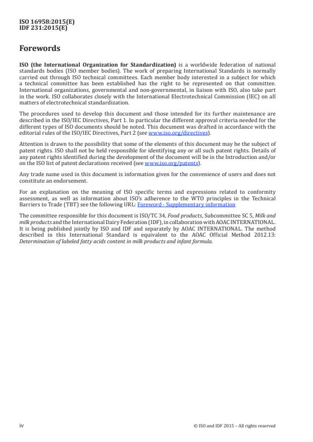 ISO 16958:2015 ISO 16958:2015 - Milk, milk products, infant formula and adult nutritionals -- Determination of fatty acids composition -- Capillary gas chromatographic method - Page 4 preview